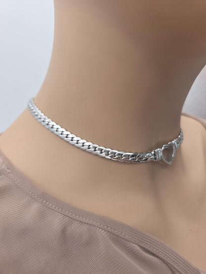 Steel Day Collar Heart Choker Thick Chain - Permanent Locking Clasp Options | Couples jewelry