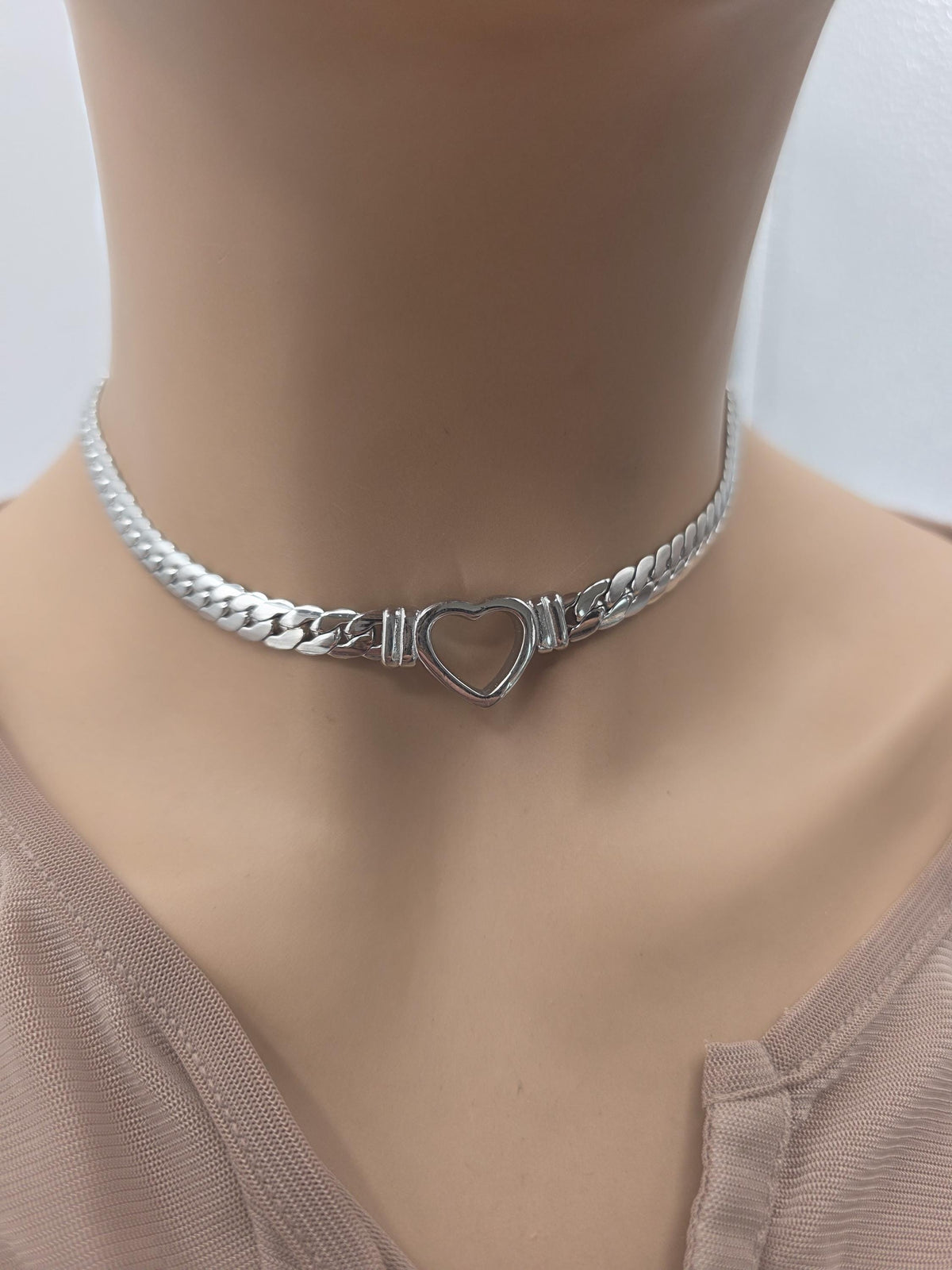 Steel Day Collar Heart Choker Thick Chain - Permanent Locking Clasp Options | Couples jewelry