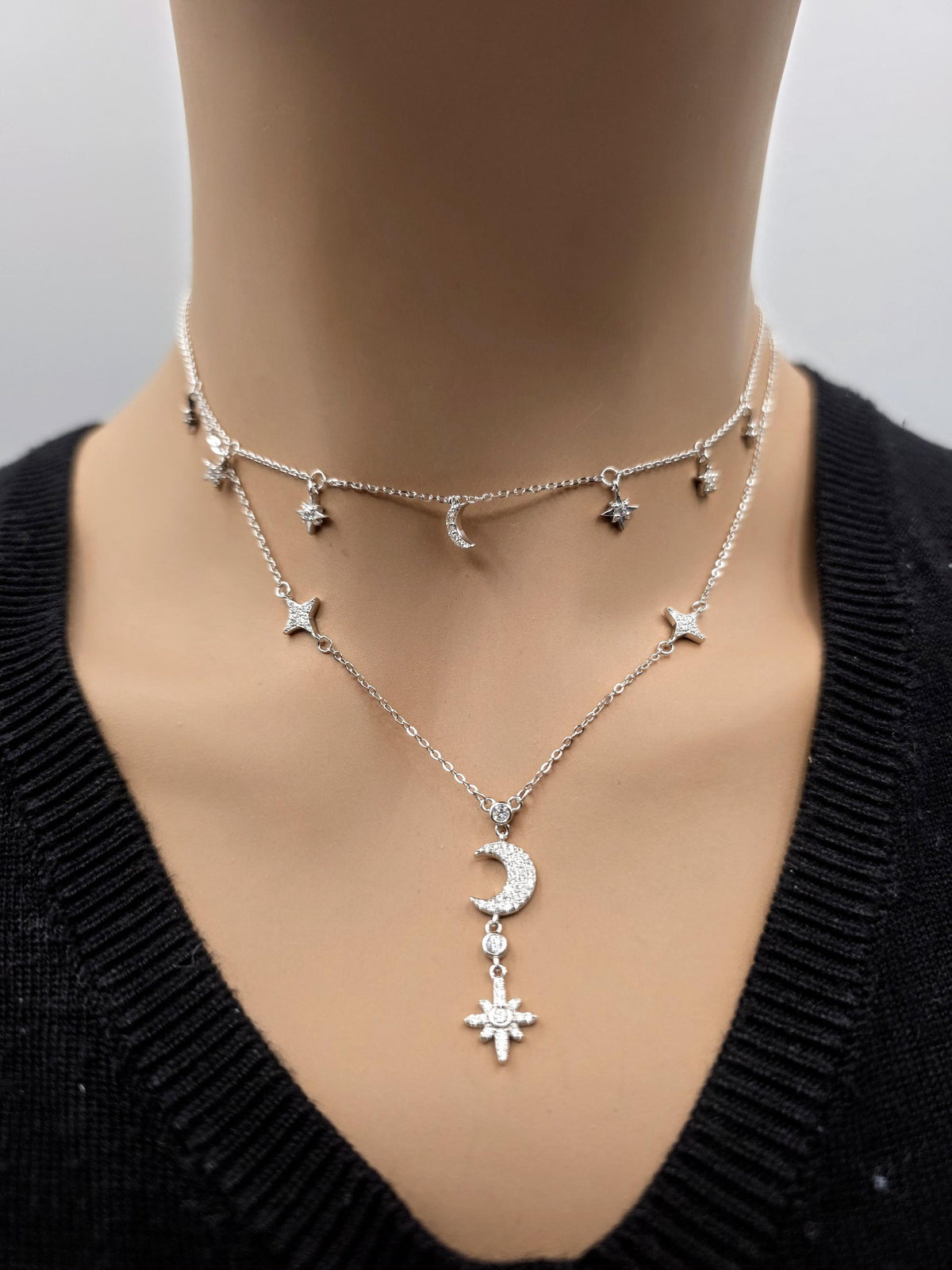 Sterling Silver CZ Moon & Stars Layered Necklace Set | 2 Necklaces, Celestial Minimalist Jewelry