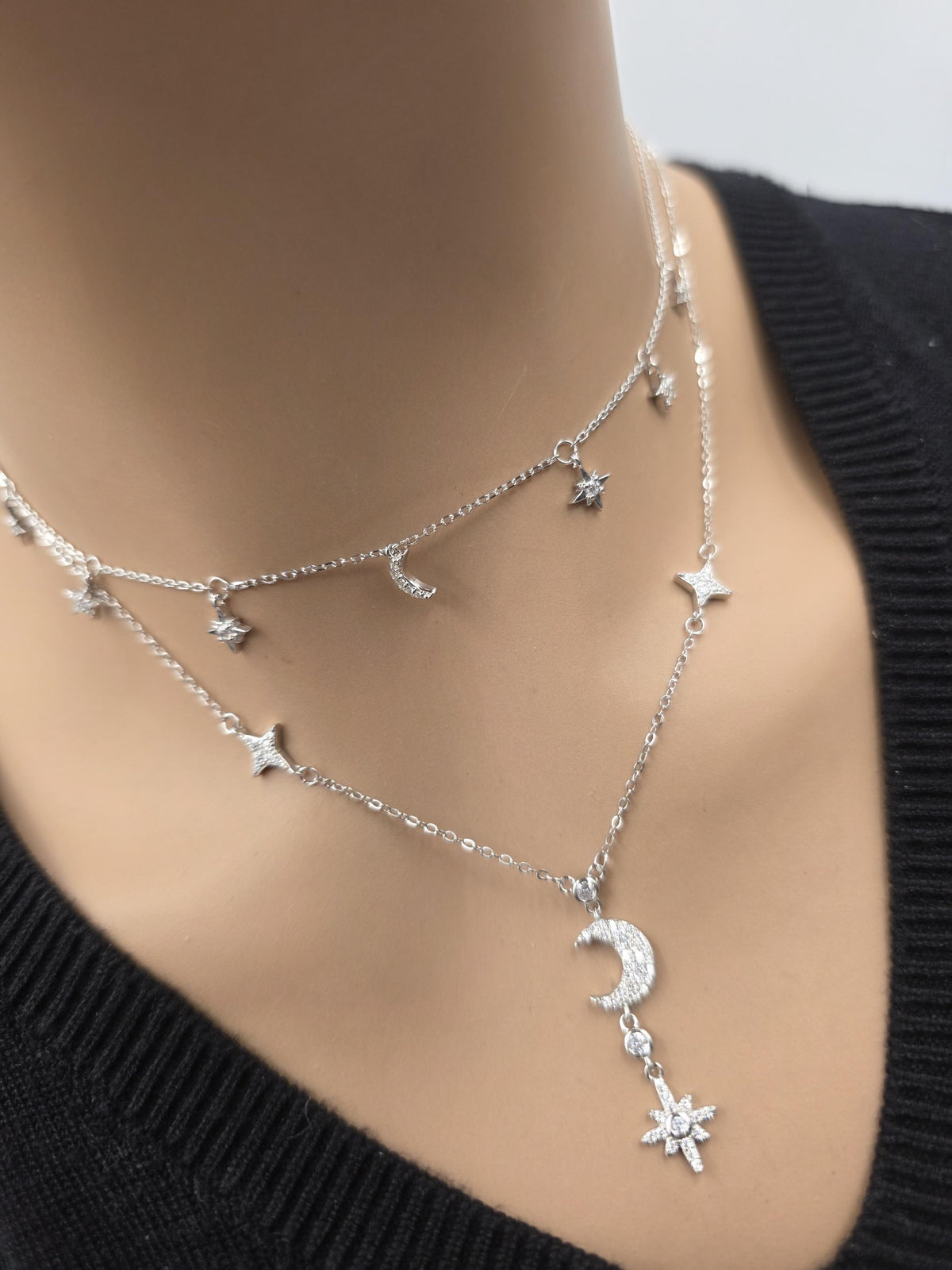 Sterling Silver CZ Moon & Stars Layered Necklace Set | 2 Necklaces, Celestial Minimalist Jewelry