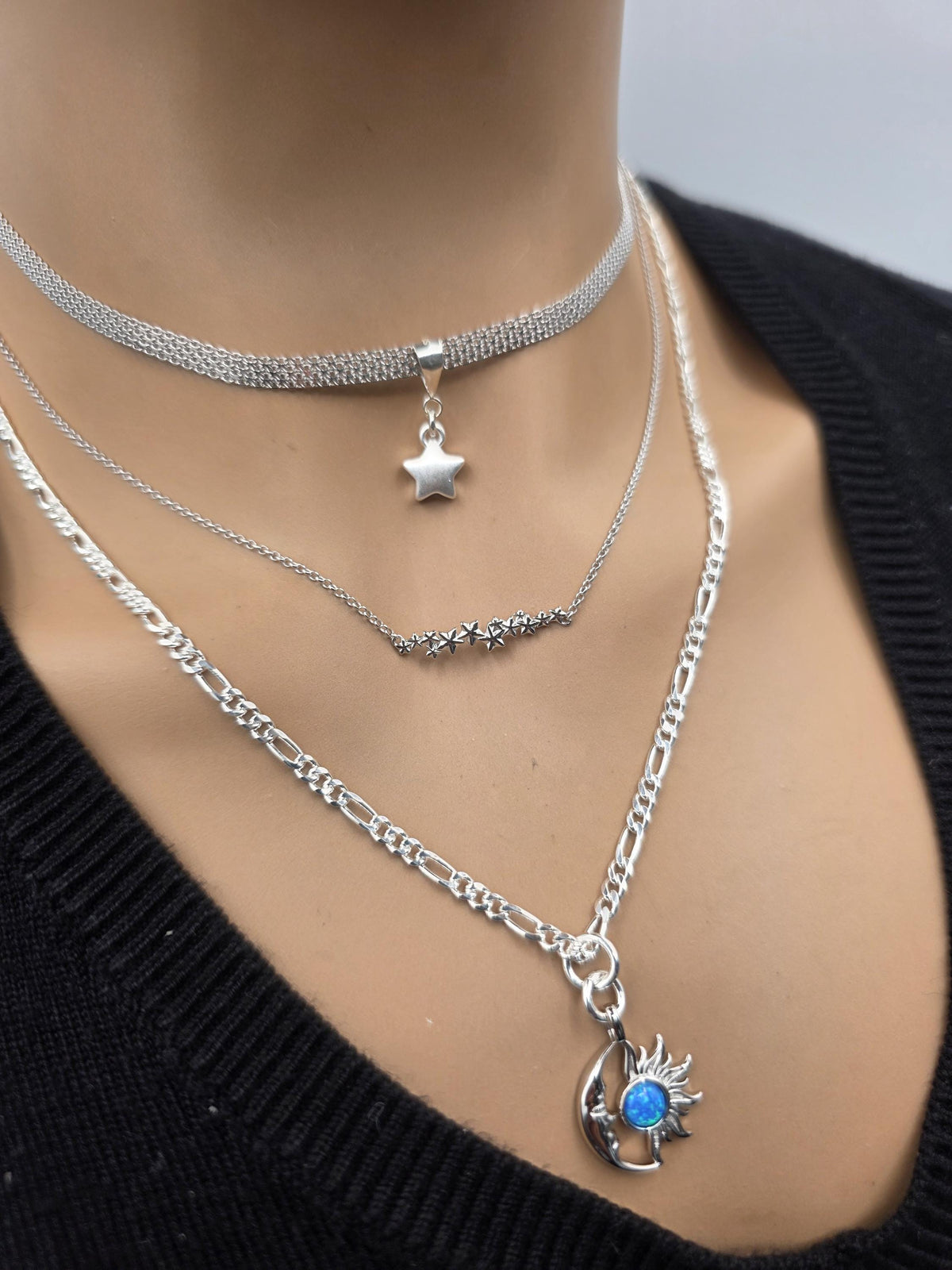 Sterling Silver Opal Moon, Sun & Stars Layered Necklace Set - Celestial Norse Jewelry for Gifting