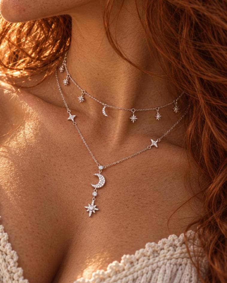 Sterling Silver CZ Moon & Stars Layered Necklace Set | 2 Necklaces, Celestial Minimalist Jewelry