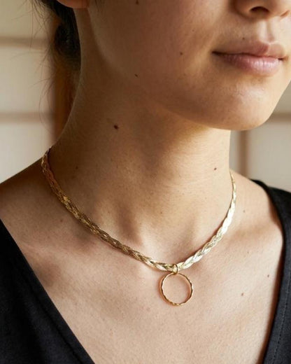 10K Gold Vermeil Day Collar Necklace, Braided Gold Choker with O Ring, Adjustable Collar, Sterling Silver Vermeil Necklace