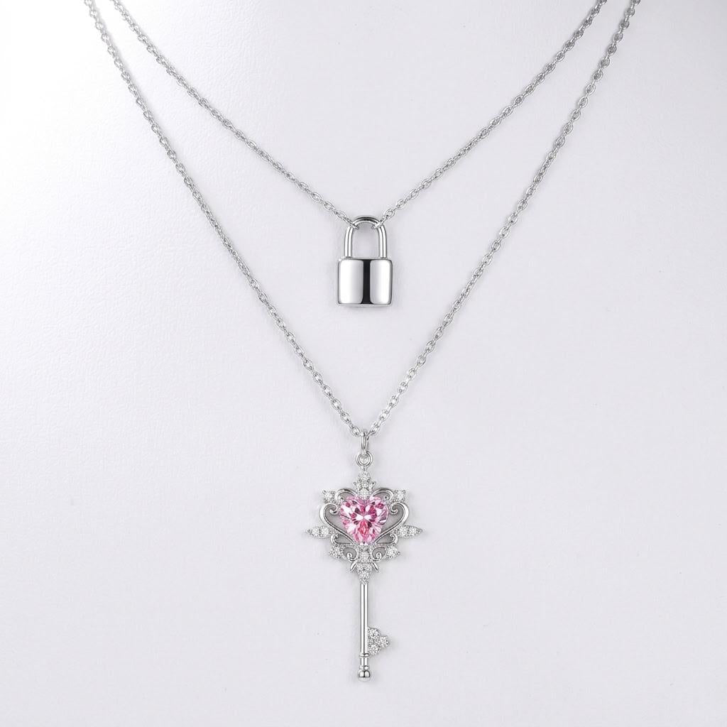 Sterling Silver Lock and Key Necklace Set, Layered Silver Necklaces, Padlock Necklace, Key Necklace with Glass Stone, Two Piece Necklace Set