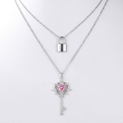 Sterling Silver Lock and Key Necklace Set, Layered Silver Necklaces, Padlock Necklace, Key Necklace with Glass Stone, Two Piece Necklace Set
