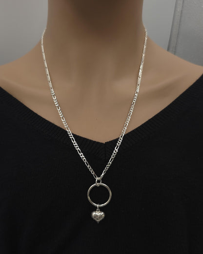 Sterling Silver Eternity Necklace with O Ring and Heart, 3mm Figaro Chain, Romantic Statement Necklace, 16 18 20 Inch