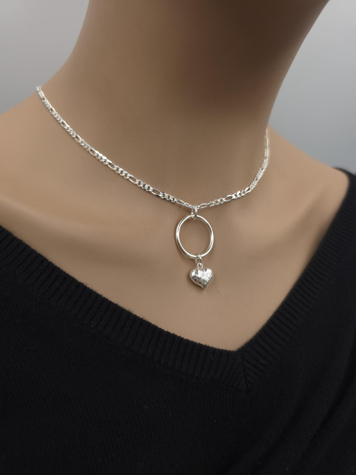 Sterling Silver Eternity Necklace with O Ring and Heart, 3mm Figaro Chain, Romantic Statement Necklace, 16 18 20 Inch