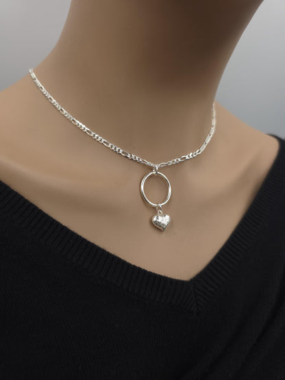Sterling Silver Eternity Necklace with O Ring and Heart, 3mm Figaro Chain, Romantic Statement Necklace, 16 18 20 Inch