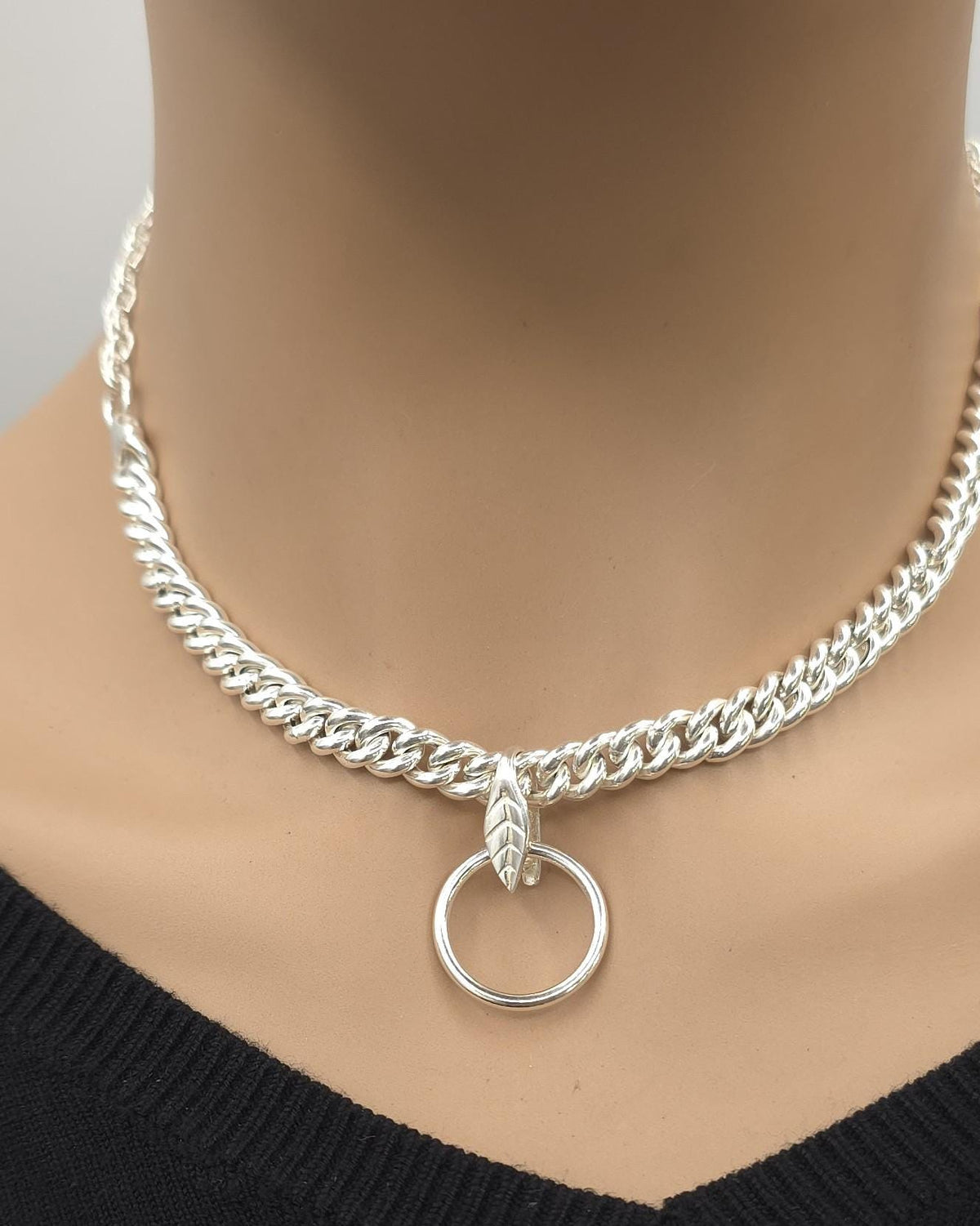 Sterling Silver Day Collar Necklace, Chunky Curb Chain O Ring Necklace, Adjustable Silver Choker, Handmade Statement Necklace
