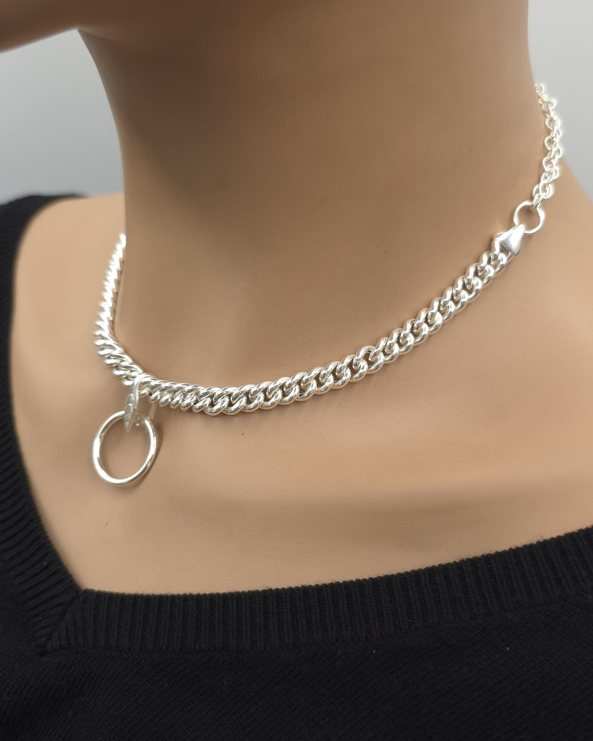 Sterling Silver Day Collar Necklace, Chunky Curb Chain O Ring Necklace, Adjustable Silver Choker, Handmade Statement Necklace