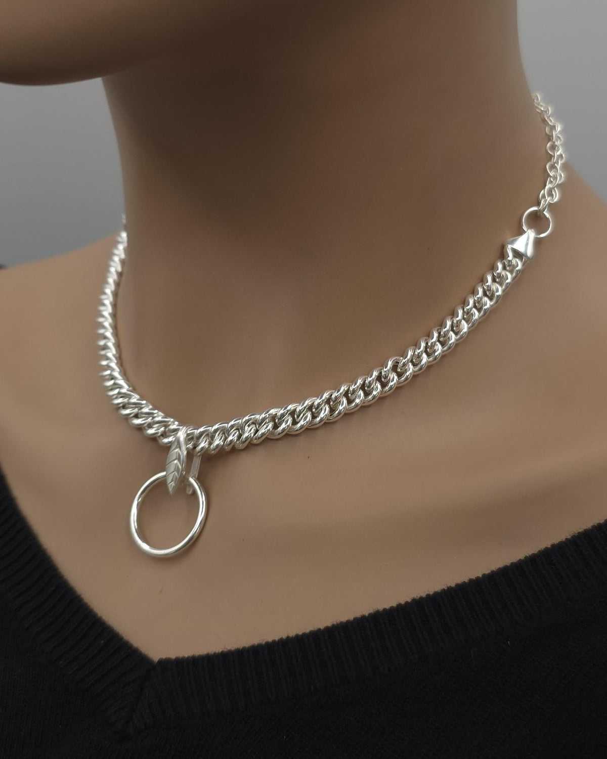 Sterling Silver Day Collar Necklace, Chunky Curb Chain O Ring Necklace, Adjustable Silver Choker, Handmade Statement Necklace