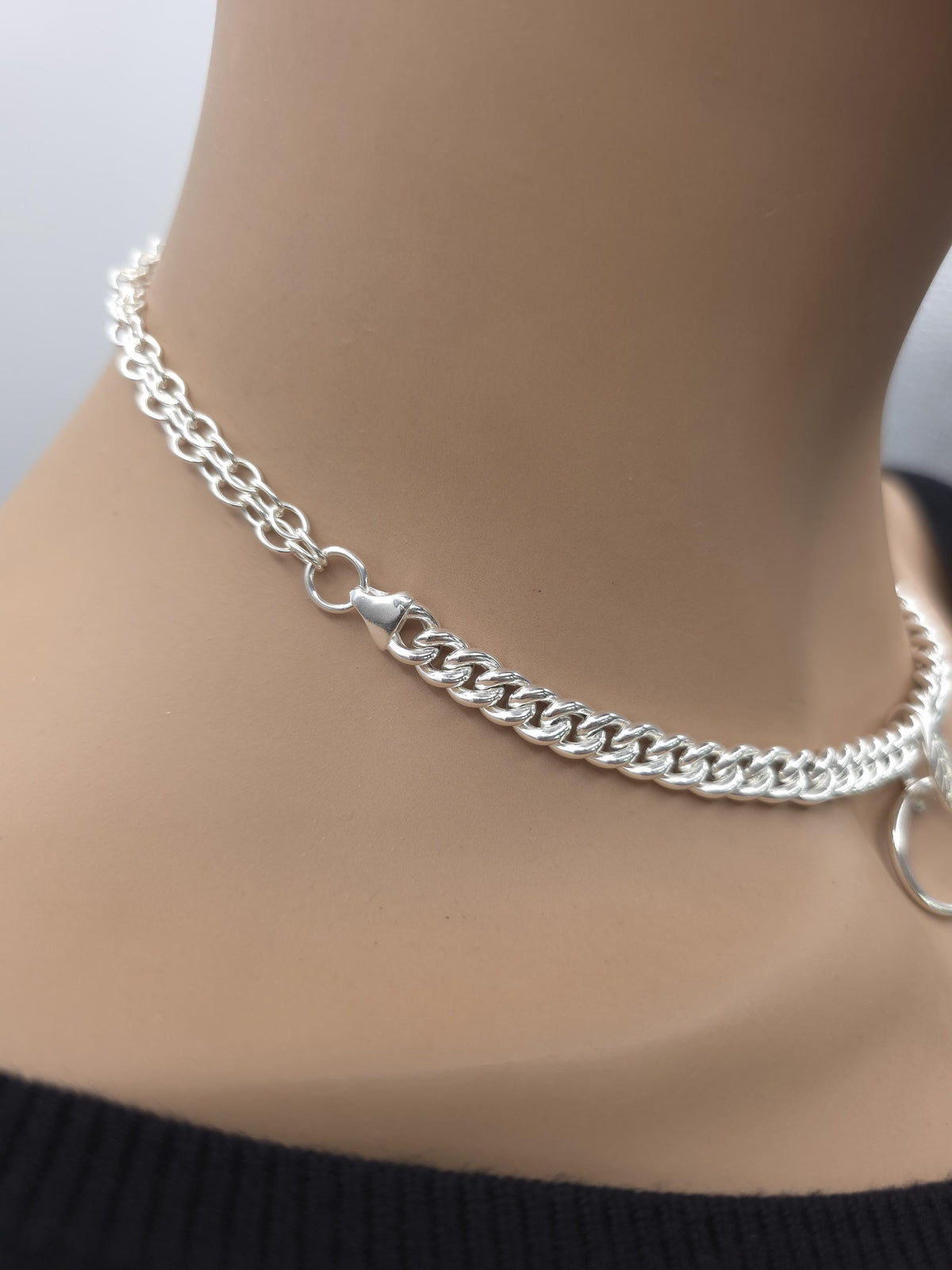 Sterling Silver Day Collar Necklace, Chunky Curb Chain O Ring Necklace, Adjustable Silver Choker, Handmade Statement Necklace