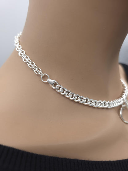 Sterling Silver Day Collar Necklace, Chunky Curb Chain O Ring Necklace, Adjustable Silver Choker, Handmade Statement Necklace