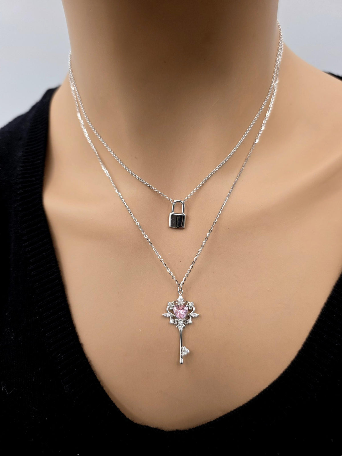 Sterling Silver Lock and Key Necklace Set, Layered Silver Necklaces, Padlock Necklace, Key Necklace with Glass Stone, Two Piece Necklace Set