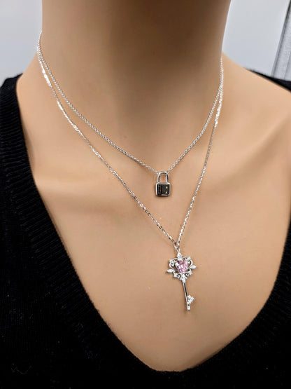 Sterling Silver Lock and Key Necklace Set, Layered Silver Necklaces, Padlock Necklace, Key Necklace with Glass Stone, Two Piece Necklace Set