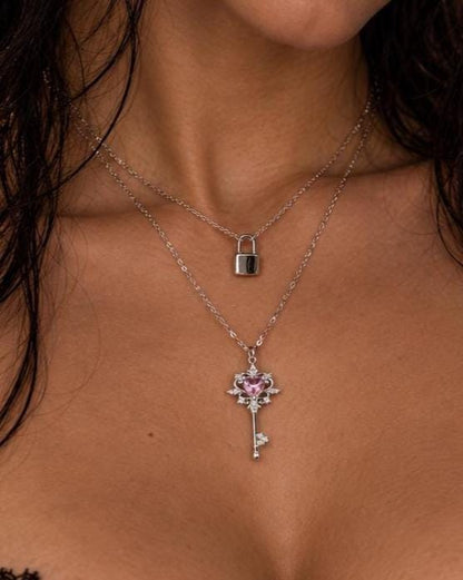 Sterling Silver Lock and Key Necklace Set, Layered Silver Necklaces, Padlock Necklace, Key Necklace with Glass Stone, Two Piece Necklace Set
