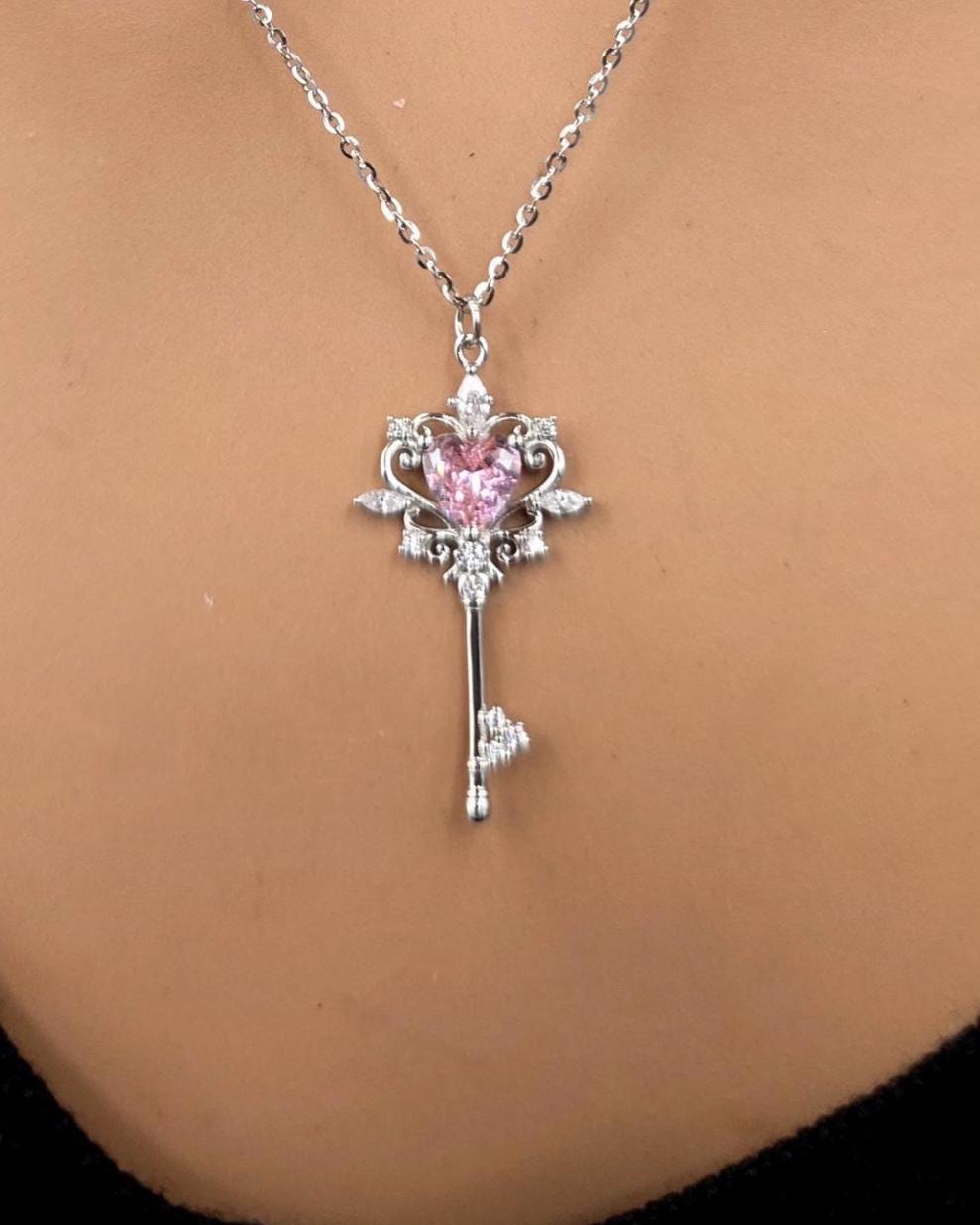 Sterling Silver Lock and Key Necklace Set, Layered Silver Necklaces, Padlock Necklace, Key Necklace with Glass Stone, Two Piece Necklace Set