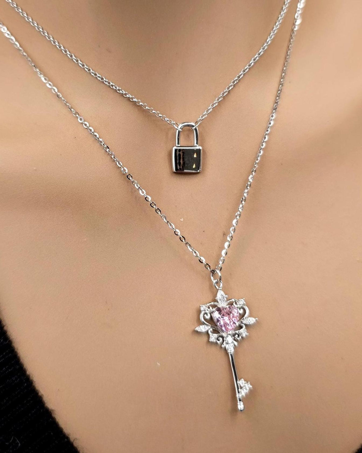 Sterling Silver Lock and Key Necklace Set, Layered Silver Necklaces, Padlock Necklace, Key Necklace with Glass Stone, Two Piece Necklace Set