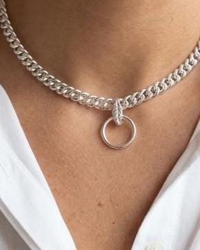 Sterling Silver Day Collar Necklace, Chunky Curb Chain O Ring Necklace, Adjustable Silver Choker, Handmade Statement Necklace