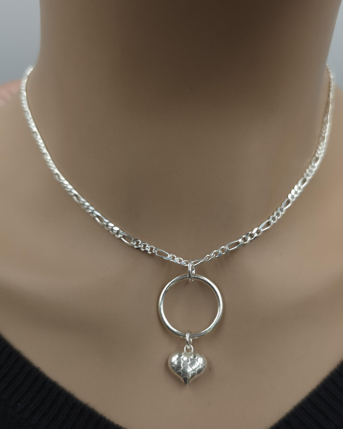 Sterling Silver Eternity Necklace with O Ring and Heart, 3mm Figaro Chain, Romantic Statement Necklace, 16 18 20 Inch