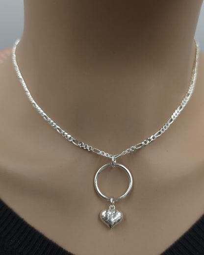Sterling Silver Eternity Necklace with O Ring and Heart, 3mm Figaro Chain, Romantic Statement Necklace, 16 18 20 Inch