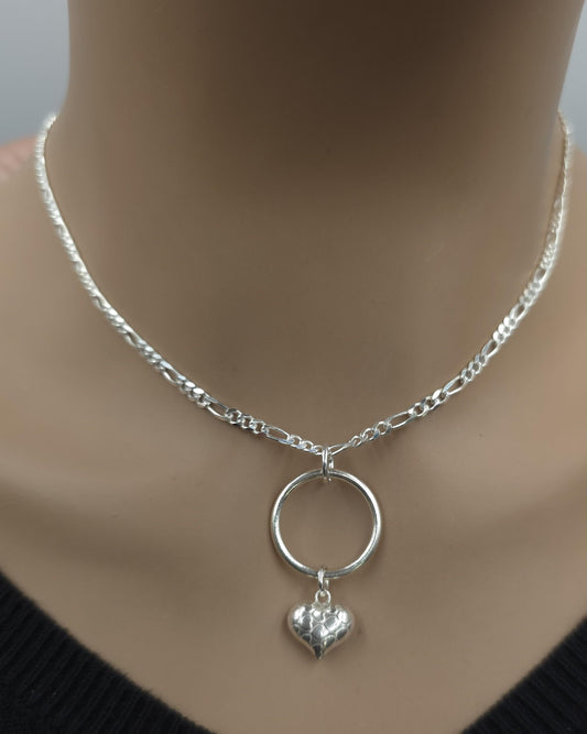 Sterling Silver Eternity Necklace with O Ring and Heart, 3mm Figaro Chain, Romantic Statement Necklace, 16 18 20 Inch