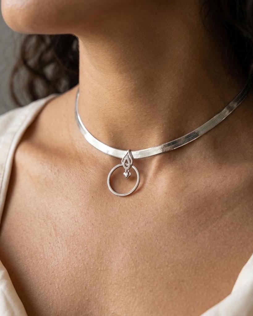 925 Sterling Silver Eternity Pendant Collar Neckace, 5.5mm Herringbone Chain, Romantic Devotion Jewelry