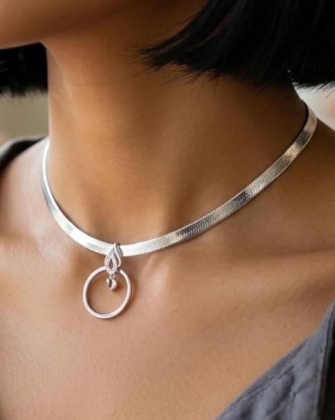 925 Sterling Silver Eternity Pendant Collar Neckace, 5.5mm Herringbone Chain, Romantic Devotion Jewelry