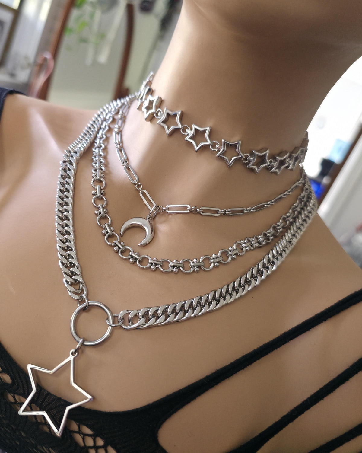 Stainless Steel Layered Star Necklace Set, Star Choker and Crescent Moon Chain, Gothic Celestial Necklace, Two Piece Layered Necklace