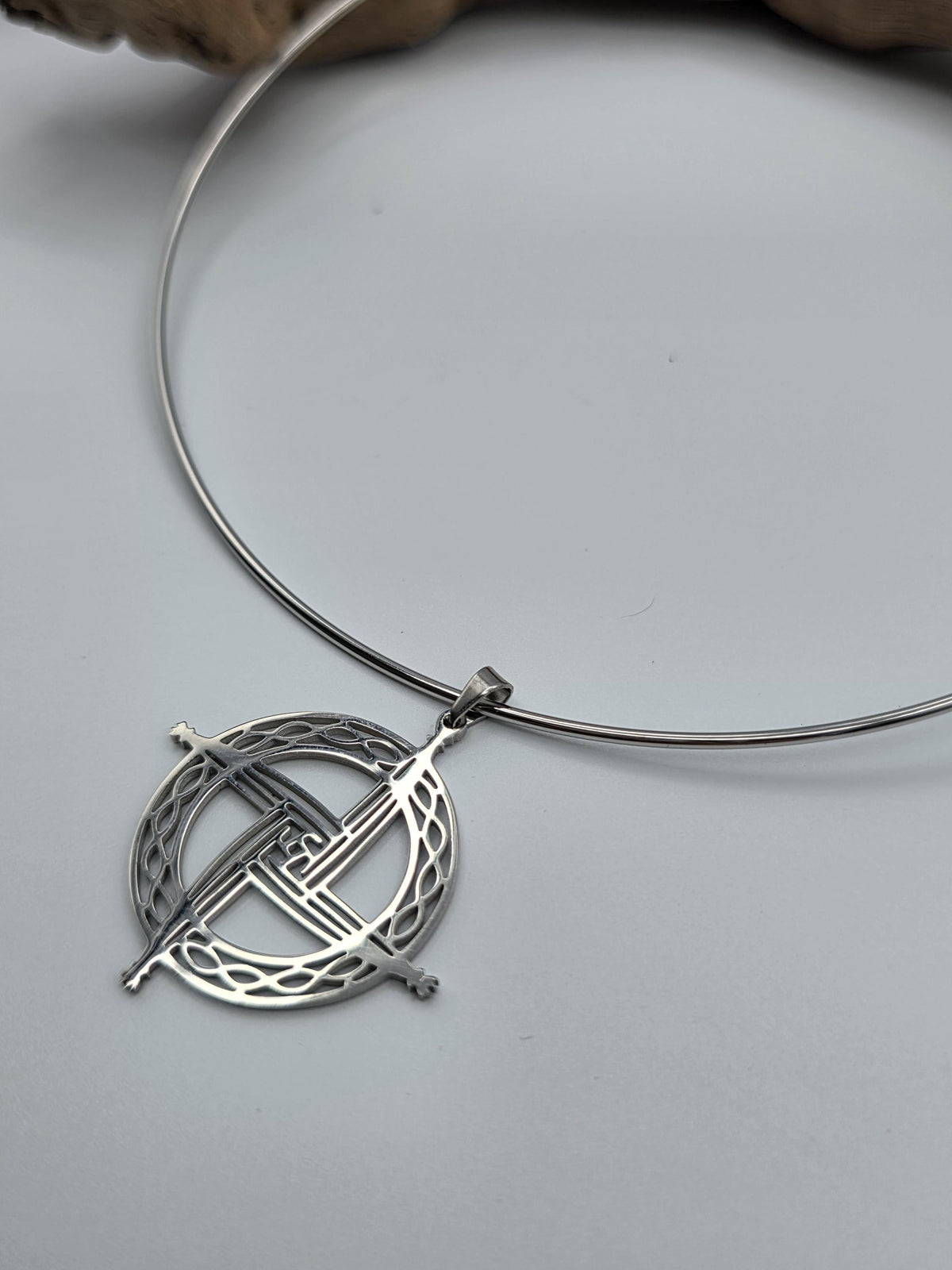 Steel Celtic Brigids Cross Imbolc Pendant Necklace on 2mm Formed Choker - Pagan Wiccan Celebration