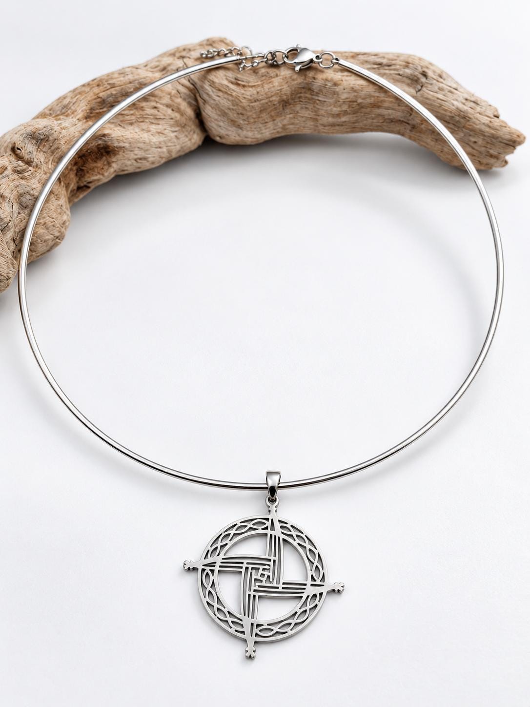 Steel Celtic Brigids Cross Imbolc Pendant Necklace on 2mm Formed Choker - Pagan Wiccan Celebration