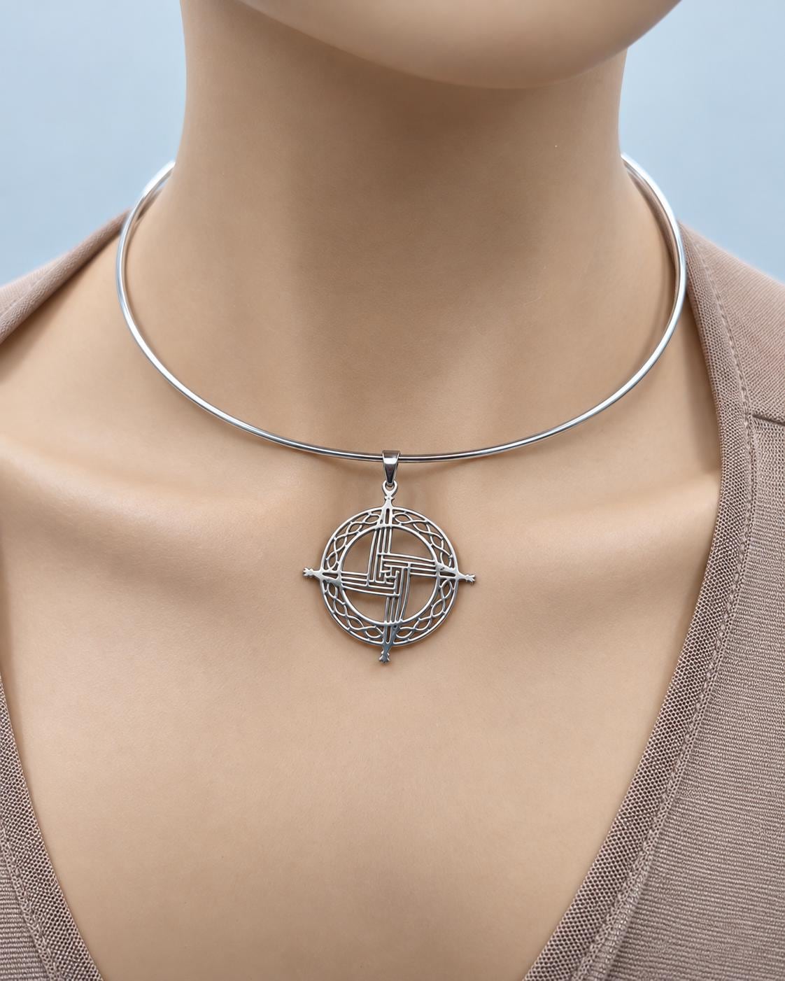 Steel Celtic Brigids Cross Imbolc Pendant Necklace on 2mm Formed Choker - Pagan Wiccan Celebration