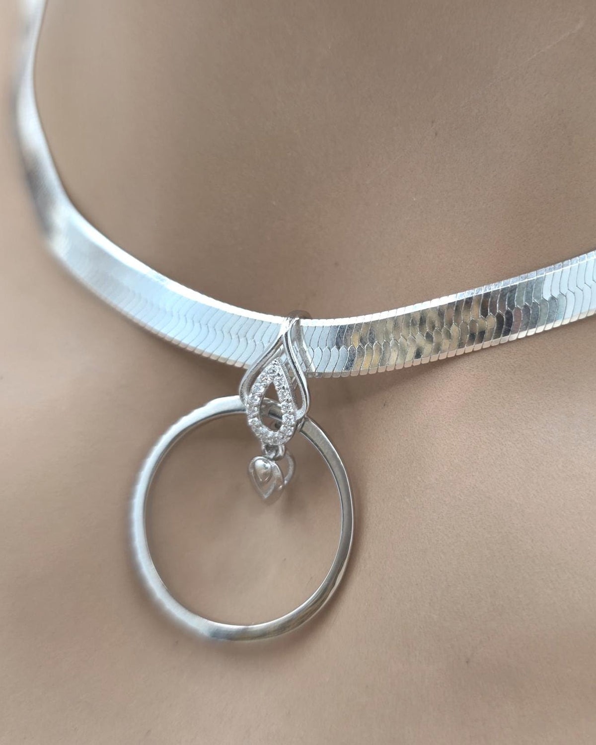 925 Sterling Silver Eternity Pendant Collar Neckace, 5.5mm Herringbone Chain, Romantic Devotion Jewelry