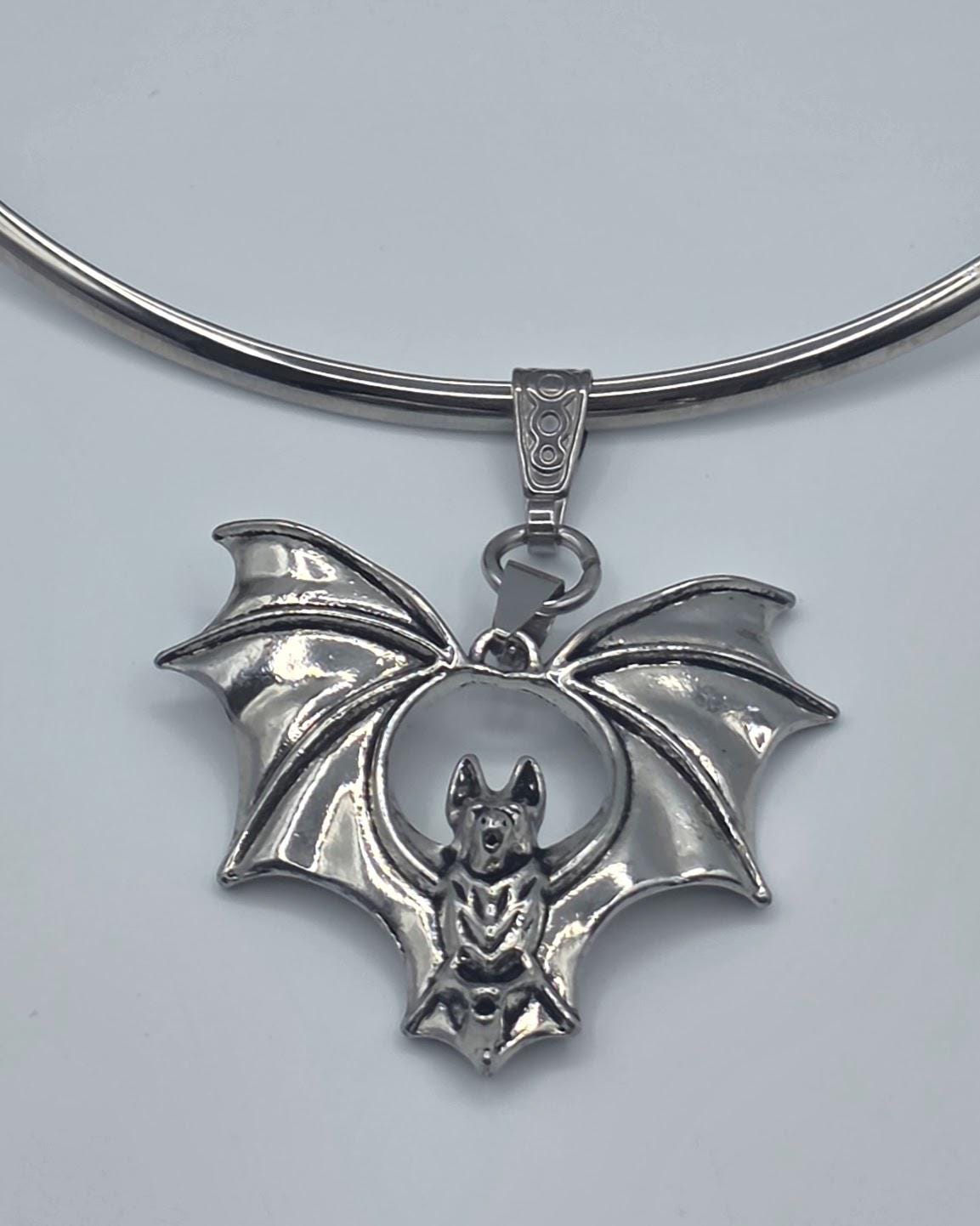 Steel Bat on Rigid Collar Pendant Gothic Choker Necklace - Punk Dark Halloween Jewelry