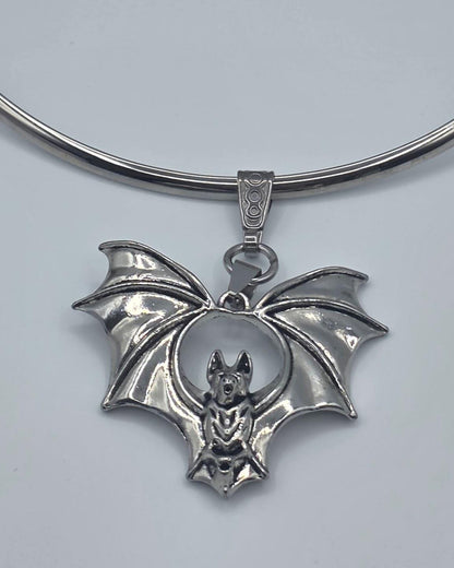 Steel Bat on Rigid Collar Pendant Gothic Choker Necklace - Punk Dark Halloween Jewelry
