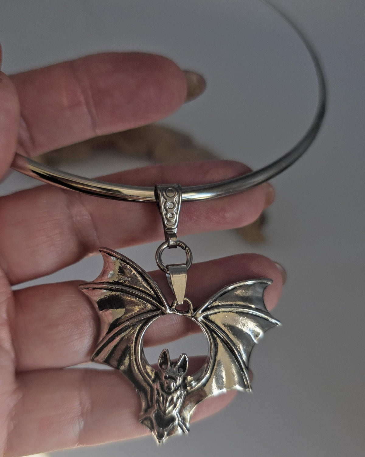 Steel Bat on Rigid Collar Pendant Gothic Choker Necklace - Punk Dark Halloween Jewelry