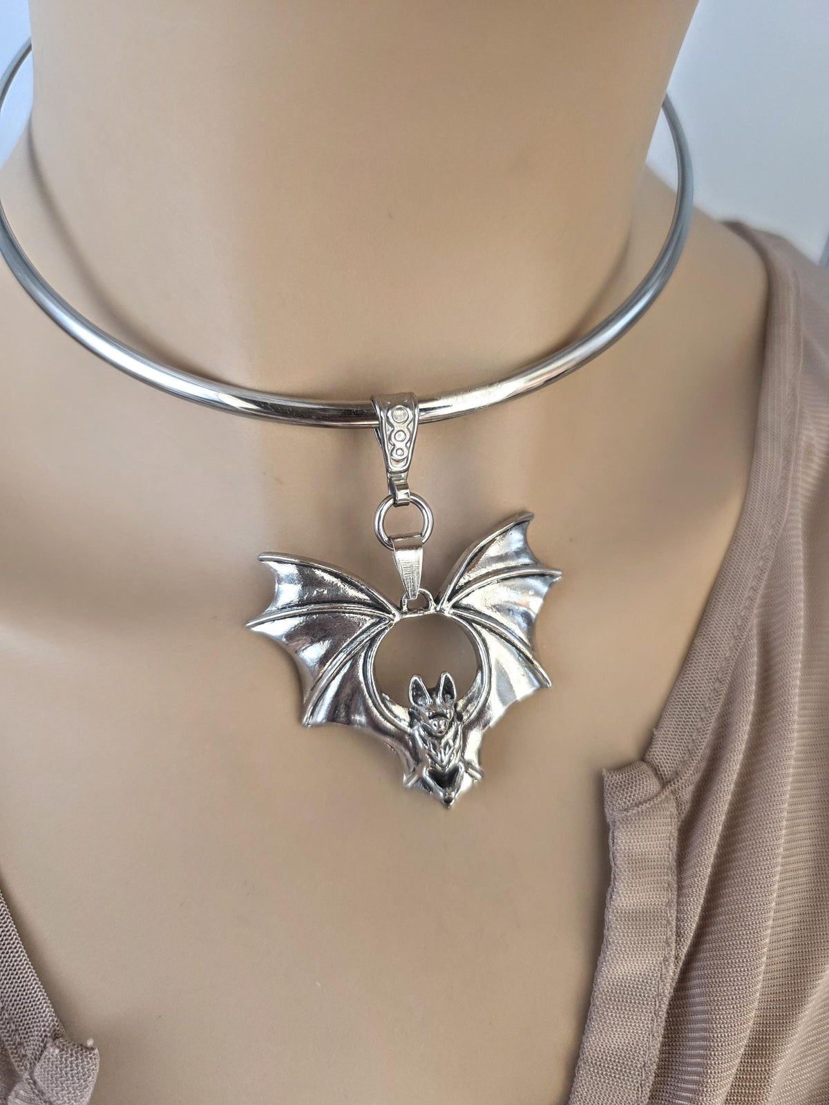 Steel Bat on Rigid Collar Pendant Gothic Choker Necklace - Punk Dark Halloween Jewelry