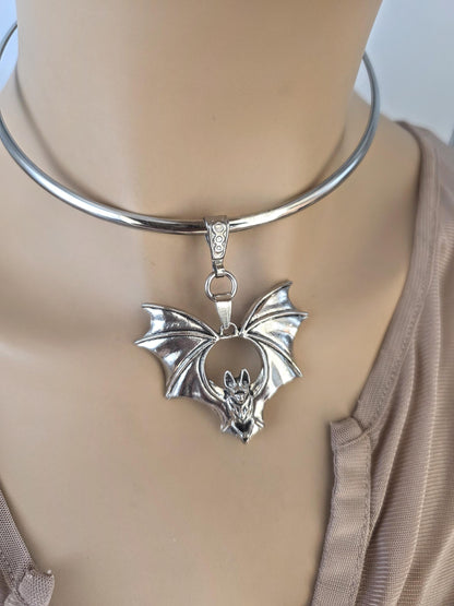 Steel Bat on Rigid Collar Pendant Gothic Choker Necklace - Punk Dark Halloween Jewelry