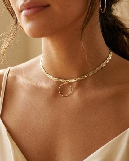 10K Gold Vermeil Day Collar Necklace, Braided Gold Choker with O Ring, Adjustable Collar, Sterling Silver Vermeil Necklace