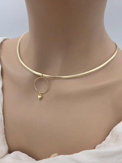 10k Gold Vermeil Omega Eternity O Ring Necklace Day Collar with Heart– 4mm Dual-Tone Sterling Silver