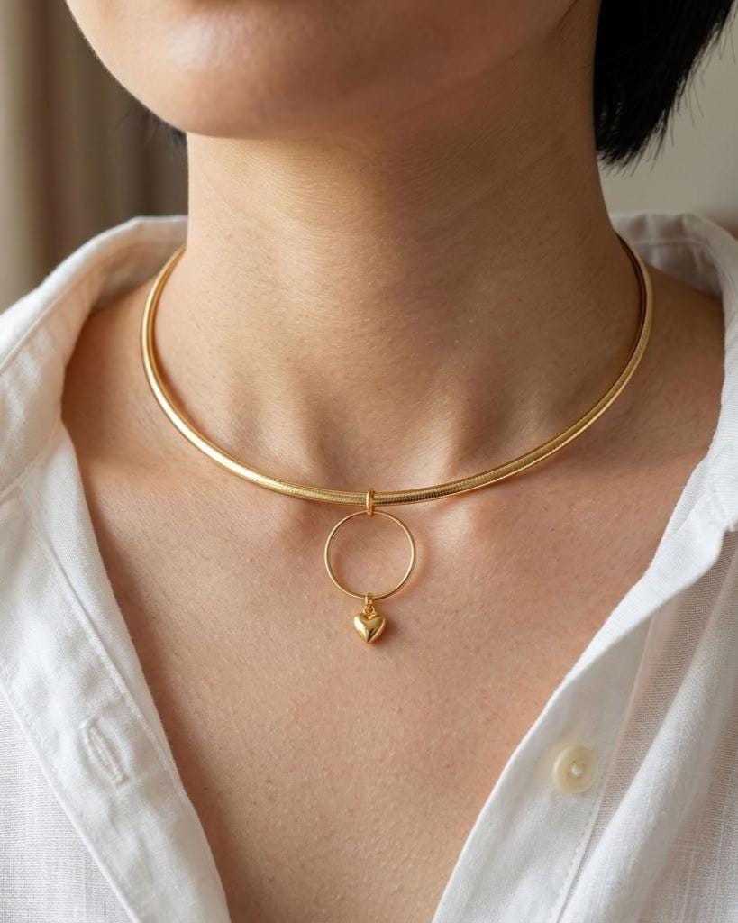 10k Gold Vermeil Omega Eternity O Ring Necklace Day Collar with Heart– 4mm Dual-Tone Sterling Silver