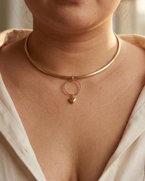 10k Gold Vermeil Omega Eternity O Ring Necklace Day Collar with Heart– 4mm Dual-Tone Sterling Silver