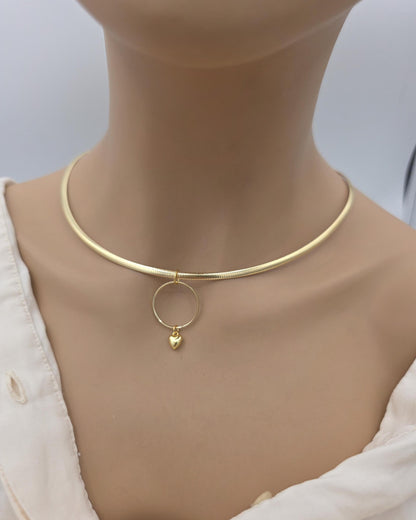 10k Gold Vermeil Omega Eternity O Ring Necklace Day Collar with Heart– 4mm Dual-Tone Sterling Silver