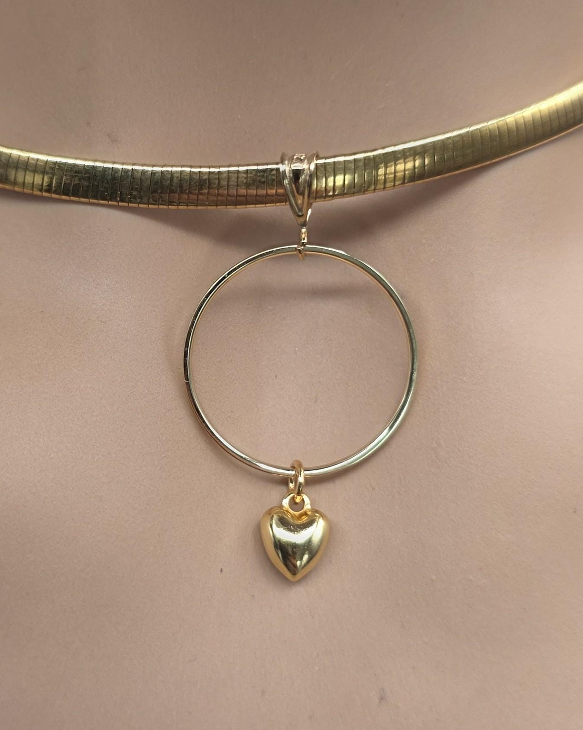 10k Gold Vermeil Omega Eternity O Ring Necklace Day Collar with Heart– 4mm Dual-Tone Sterling Silver