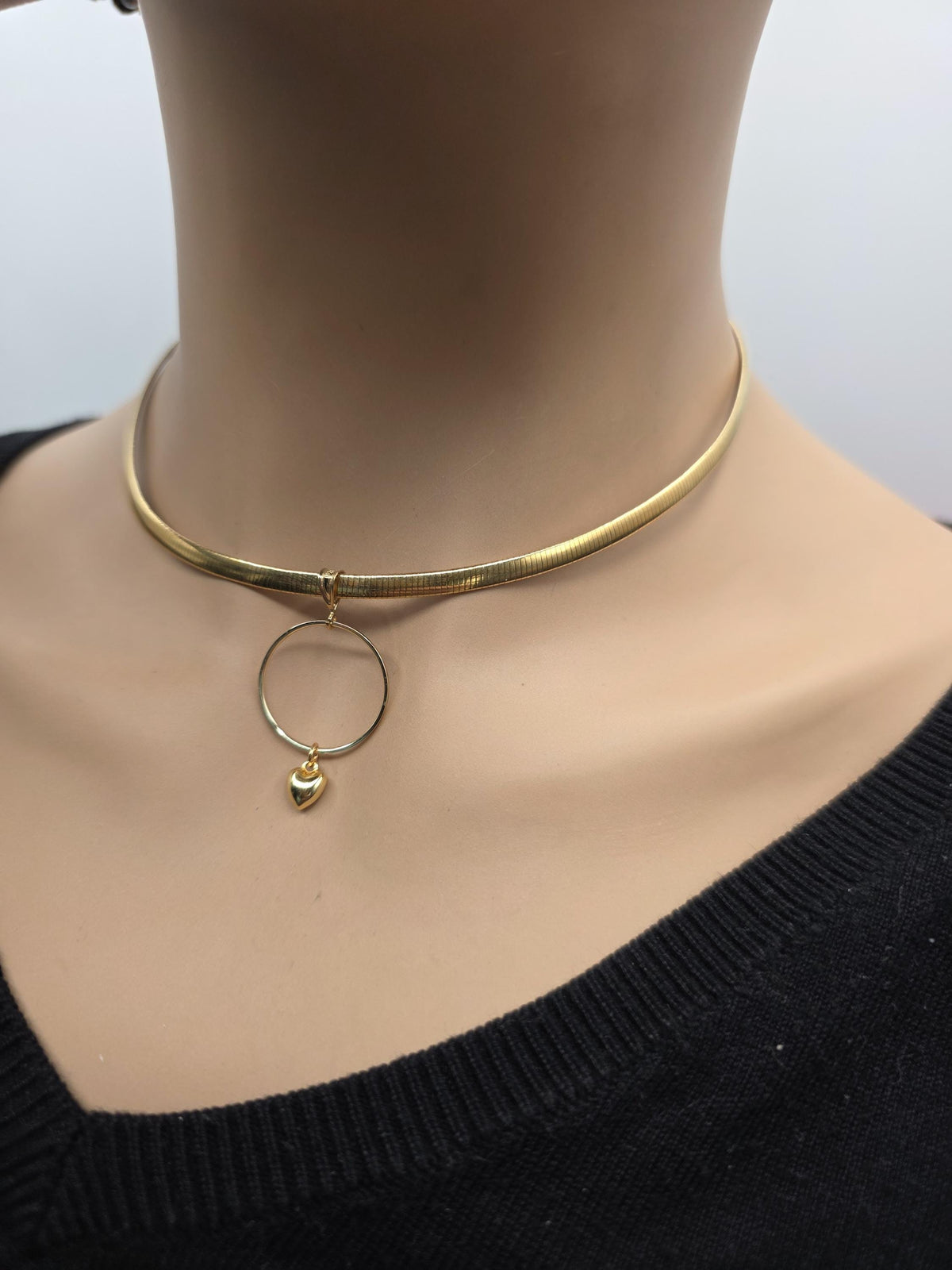 10k Gold Vermeil Omega Eternity O Ring Necklace Day Collar with Heart– 4mm Dual-Tone Sterling Silver