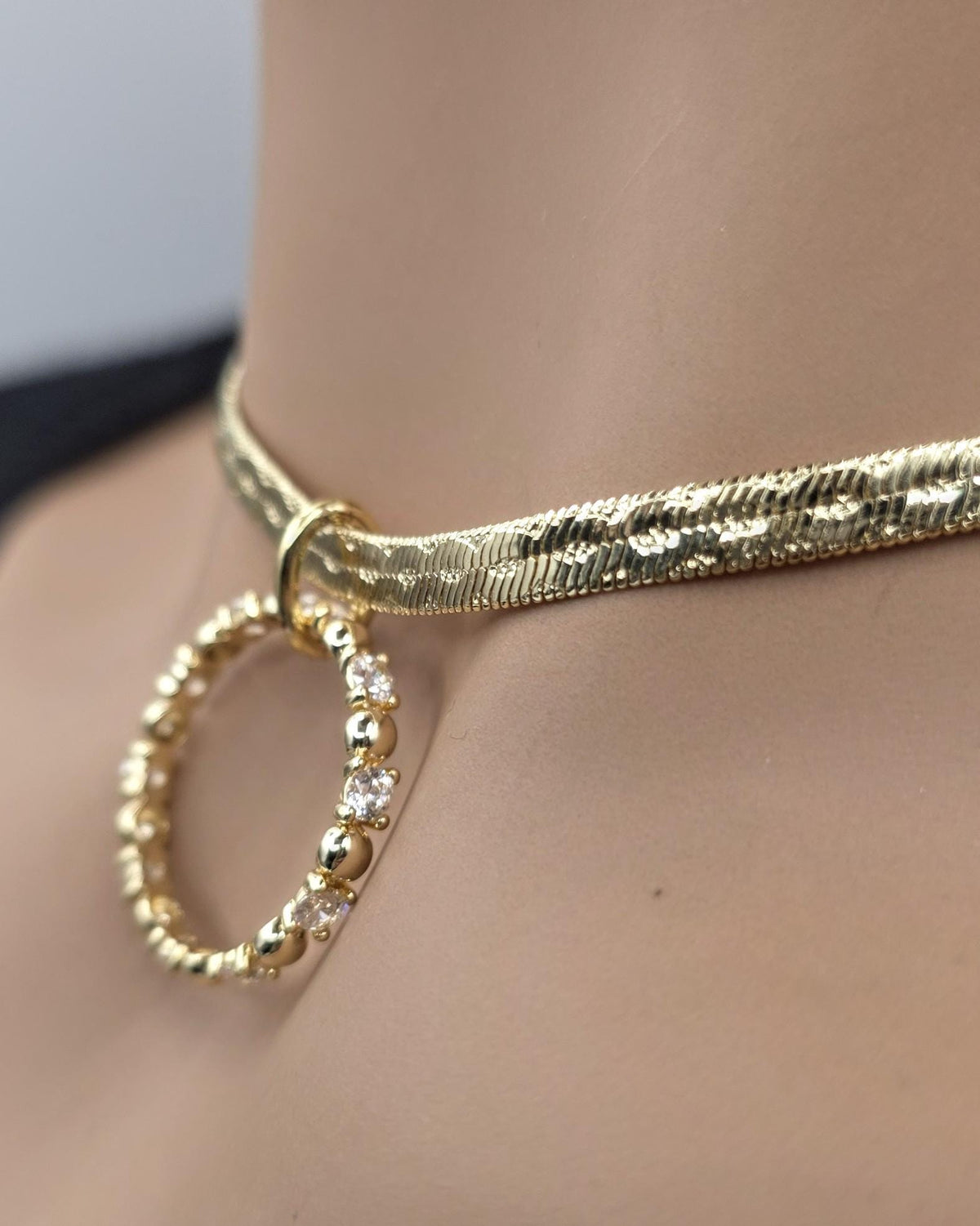 10k Premium Gold Plated Elegant Herringbone and CZ Day Collar Necklace, Romantic Luxury Elegant Partner Jewelry