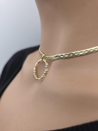 10k Premium Gold Plated Elegant Herringbone and CZ Day Collar Necklace, Romantic Luxury Elegant Partner Jewelry