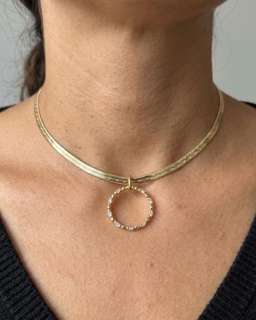 10k Premium Gold Plated Elegant Herringbone and CZ Day Collar Necklace, Romantic Luxury Elegant Partner Jewelry