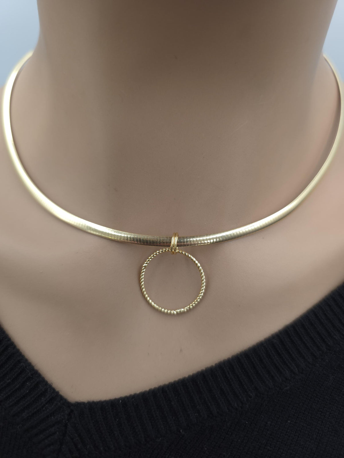 10k Gold Vermeil Omega Eternity O Ring Necklace Day Collar with Heart– 3mm Dual-Tone Sterling Silver