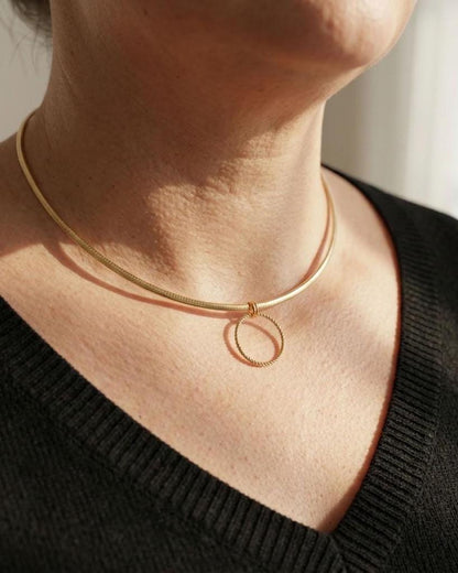 10k Gold Vermeil Omega Eternity O Ring Necklace Day Collar with Heart– 3mm Dual-Tone Sterling Silver